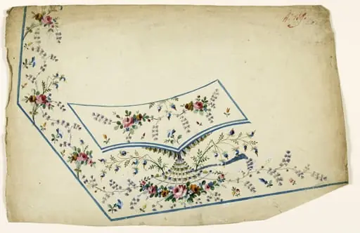 Composition à bouquet de fleurs en éventail et guirlandes de fleurs mauves, projets de broderies de gilet, XVIIIème siècle, by Anonyme
