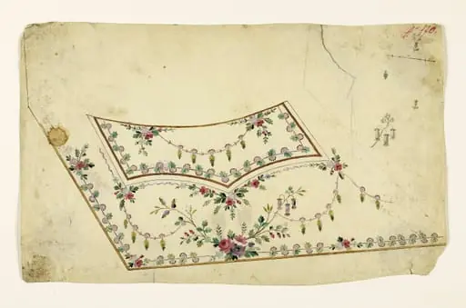 Composition avec bouquet de fleurs, guirlandes et frises de feuilles et de fleurs stylisées, projets de broderies de gilet, XVIIIème siècle, by Anonyme