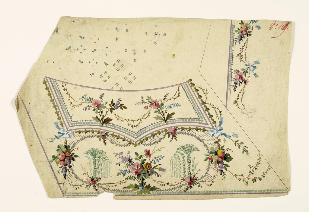 Composition avec bouquet de fleurs, guirlandes stylisées avec rubans bleus et grappes de fruits suspendues, projets de broderies de gilet, XVIIIème siècle, by Anonyme, 1750