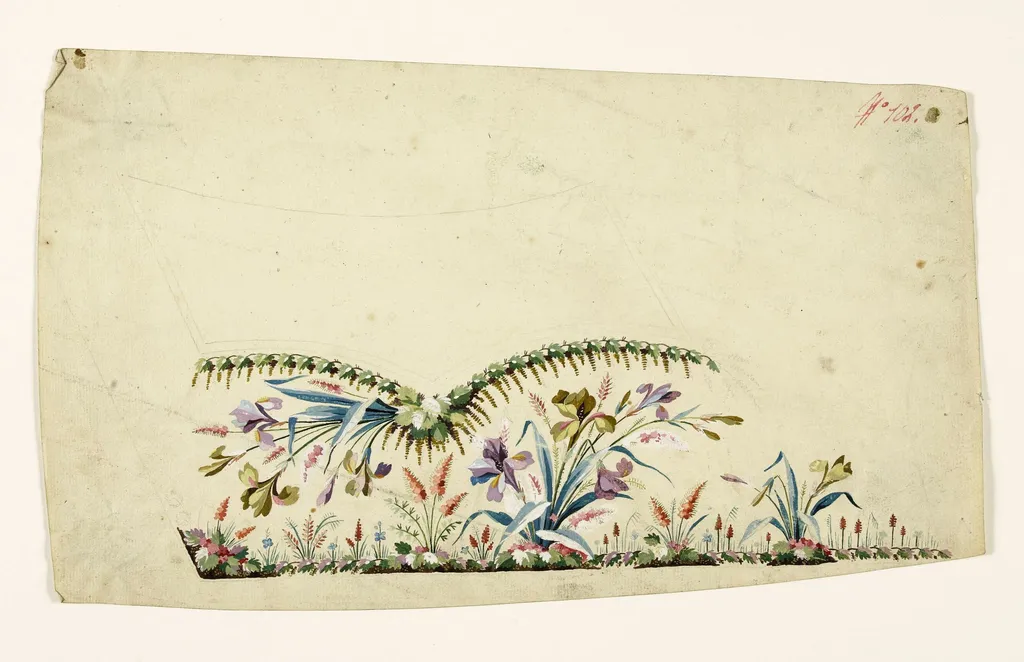 Composition avec bouquet et gerbe d'iris, frise de pampres et feuilles de vigne, projets de broderies de gilet, XVIIIème siècle, by Anonyme, 1750