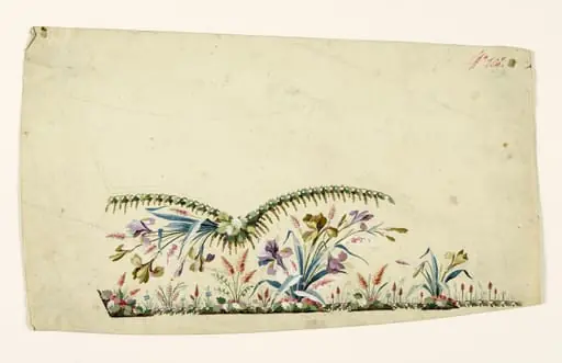 Composition avec bouquet et gerbe d'iris, frise de pampres et feuilles de vigne, projets de broderies de gilet, XVIIIème siècle, by Anonyme, 1750