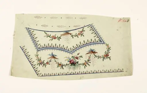 Composition avec bouquet et guirlandes de fleurs, bleuets sur tertres et frises de fleurs stylisées, projets de broderies de gilet, XVIIIème siècle, by Anonyme