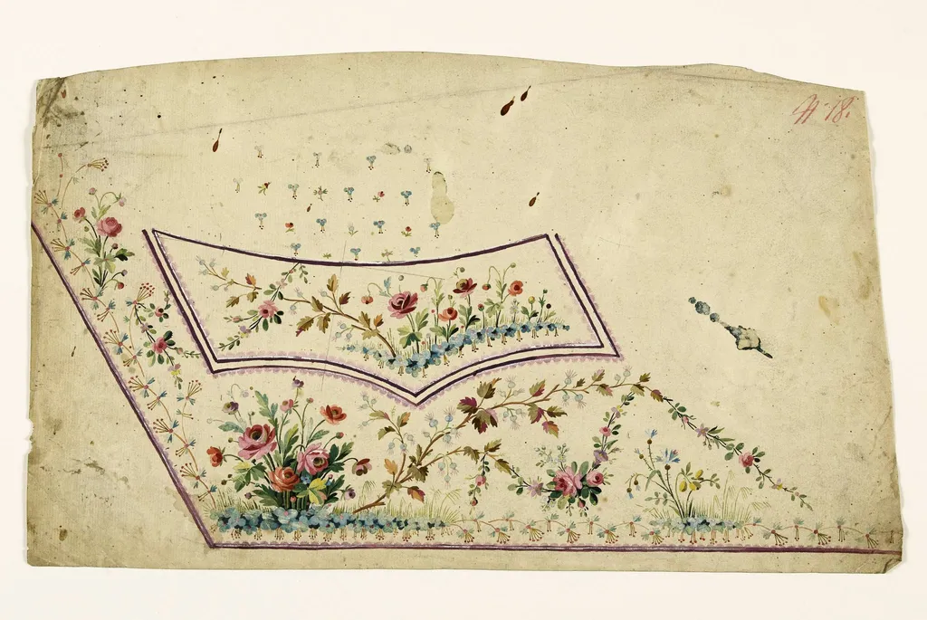 Composition avec bouquet et guirlandes de fleurs et branches de feuilles et de baies bleues, projets de broderies de gilet, XVIIIème siècle, by Anonyme, 1750