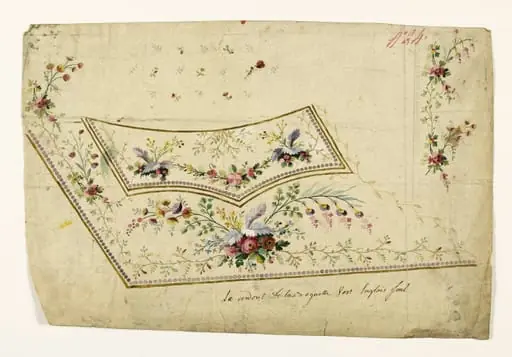 Composition avec bouquets de fleurs et branches fleuries avec grappes, frises de perles couleur glycine, projets de broderies de gilet, XVIIIème siècle, by Anonyme