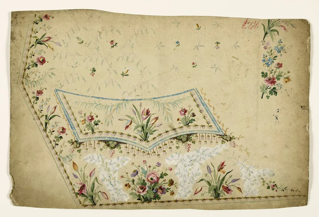 Composition avec bouquets de fleurs, frises de grappes et clochettes stylisées, projets de broderies de gilet, XVIIIème siècle, by Anonyme, 1750