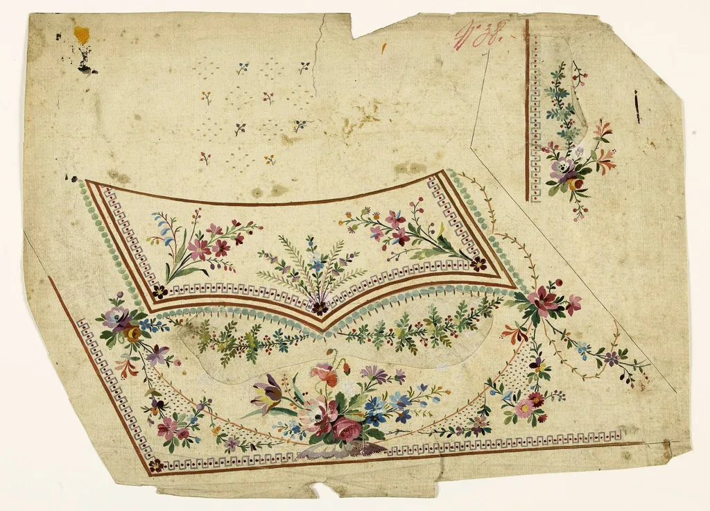 Composition avec bouquets de fleurs, frises de perles amandes et de grecques mauves, projets de broderies de gilet, XVIIIème siècle, by Anonyme, 1750