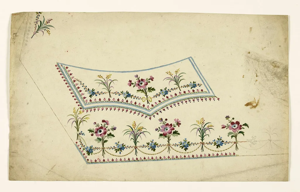 Composition avec bouquets de fleurs liés par des cordons rayés et des guirlandes de fleurs, frises de perles pourpres, projets de broderies de gilet, XVIIIème siècle, by Anonyme, 1750