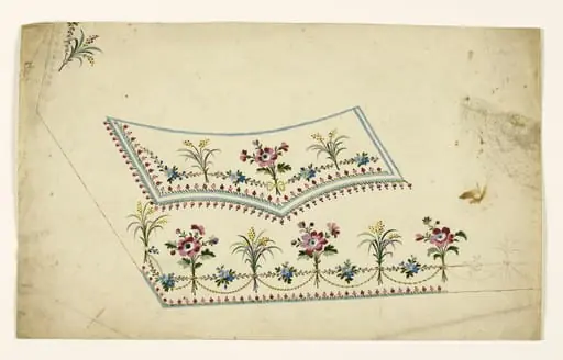 Composition avec bouquets de fleurs liés par des cordons rayés et des guirlandes de fleurs, frises de perles pourpres, projets de broderies de gilet, XVIIIème siècle, by Anonyme
