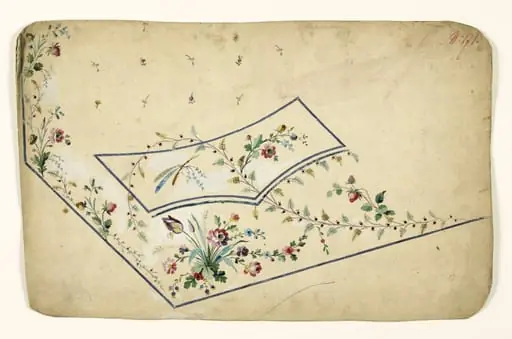 Composition avec bouquets et guirlandes de fleurs et phasme sur branche, projets de broderies de gilet, XVIIIème siècle, by Anonyme