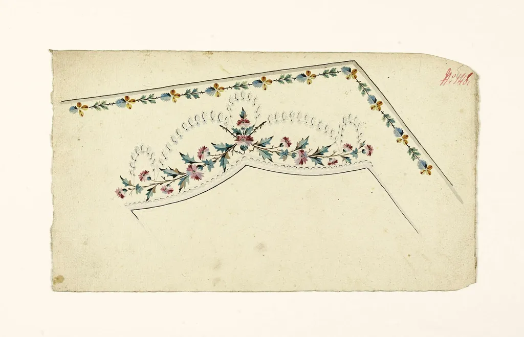 Composition avec branches fleuries et guirlandes de glands argentés, frises de fleurs stylisées et de perles grises, projets de broderies de gilet, XVIIIème siècle, by Anonyme, 1750