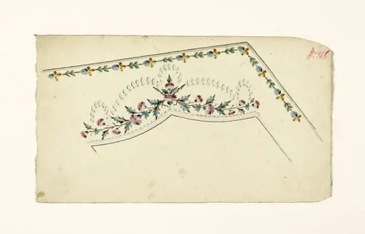Composition avec branches fleuries et guirlandes de glands argentés, frises de fleurs stylisées et de perles grises, projets de broderies de gilet, XVIIIème siècle, by Anonyme