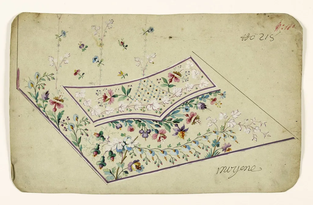 Composition avec branches fleuries, guirlandes de fleurs bleues et blanches, rayures fleuries, projets de broderies de gilet, XVIIIème siècle, by Anonyme, 1750