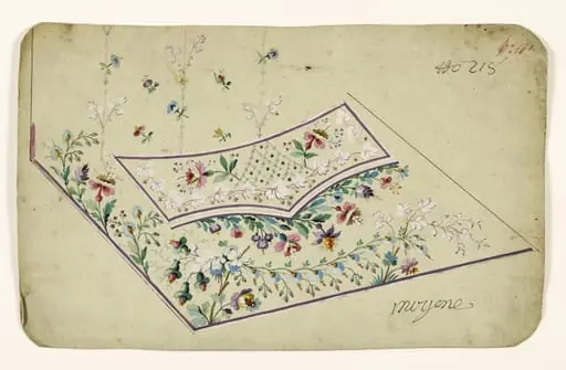 Composition avec branches fleuries, guirlandes de fleurs bleues et blanches, rayures fleuries, projets de broderies de gilet, XVIIIème siècle, by Anonyme