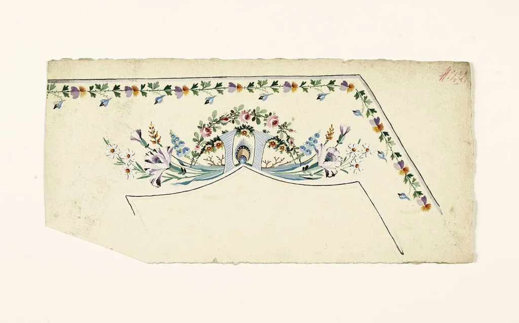 Composition avec brins et guirlandes de fleurs encadrant une plume de paon, projets de broderies de gilet, XVIIIème siècle, by Anonyme, 1750