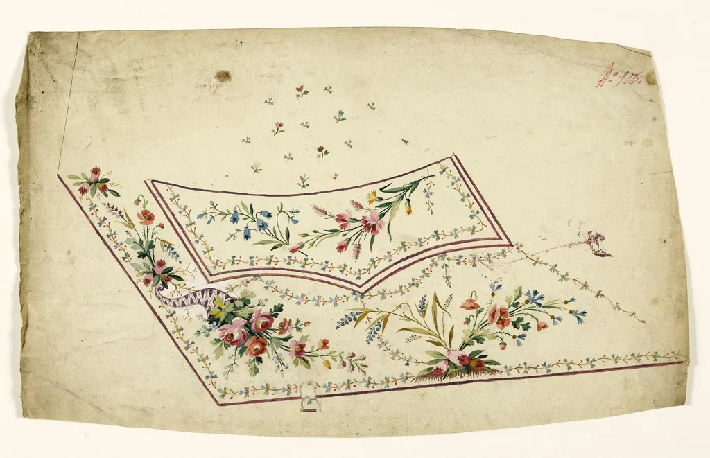 Composition avec corne d'abondance remplie de fleurs, guirlandes et bouquets de fleurs champêtres, projets de broderies de gilet, XVIIIème siècle, by Anonyme, 1750