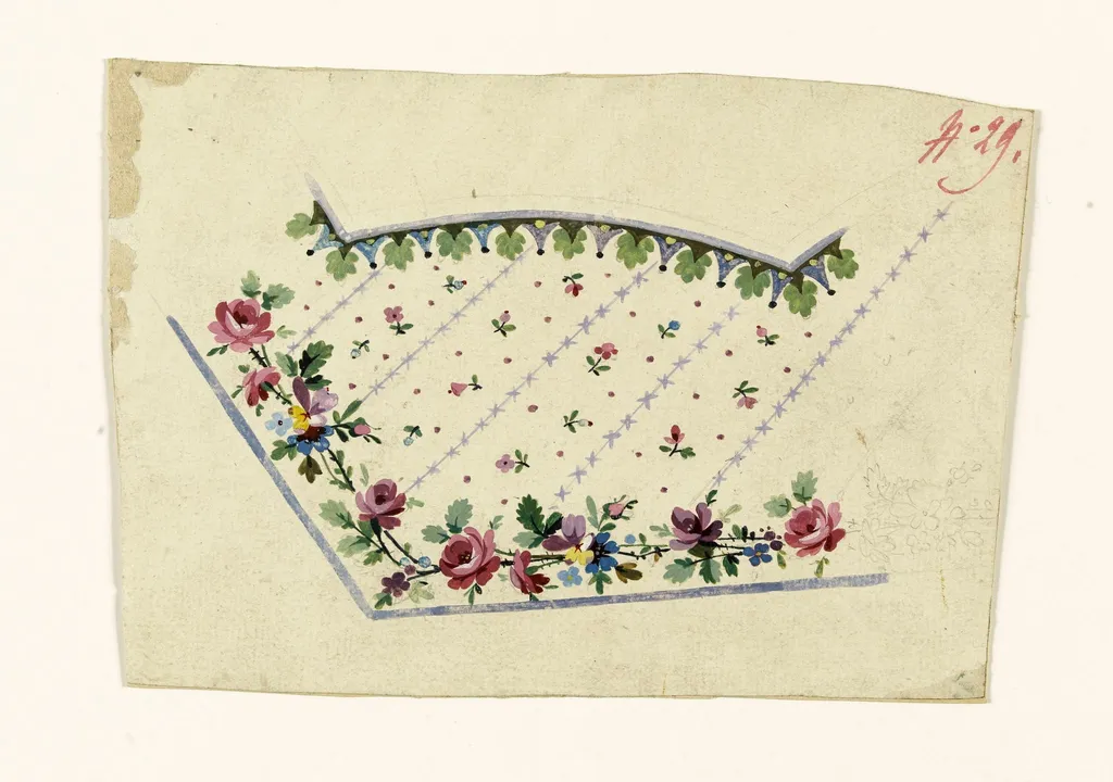 Composition avec guirlande de fleurs et rayures mauves, projets de broderies de gilet, XVIIIème siècle, by Anonyme, 1750