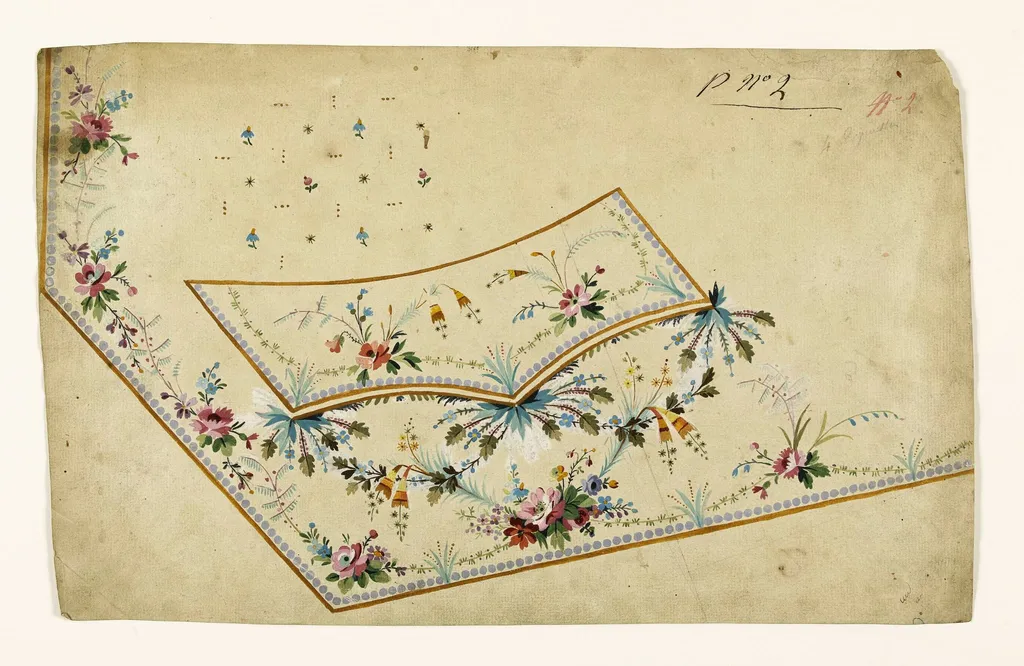Composition avec guirlandes de fleurs, frises de perles lavande, projets de broderies de gilet, XVIIIème siècle, by Anonyme, 1750