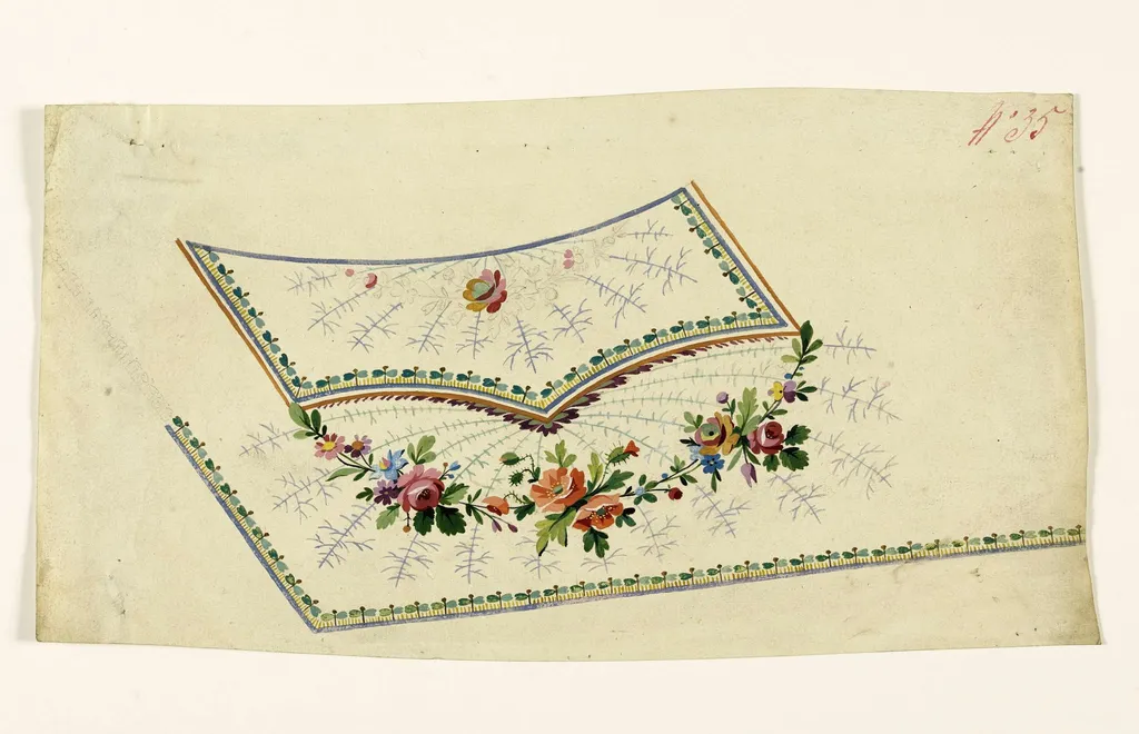 Composition avec guirlandes de fleurs multicolores, motifs rayonnants de branches et frises stylisées, projets de broderies de gilet, XVIIIème siècle, by Anonyme, 1750