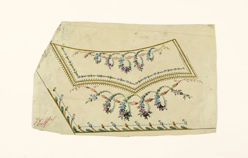 Composition avec guirlandes de fleurs torsadées, frises de fleurs stylisées et de perles vertes, projets de broderies de gilet, XVIIIème siècle, by Anonyme, 1750