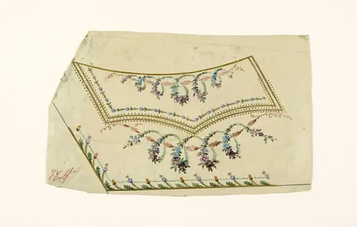 Composition avec guirlandes de fleurs torsadées, frises de fleurs stylisées et de perles vertes, projets de broderies de gilet, XVIIIème siècle, by Anonyme