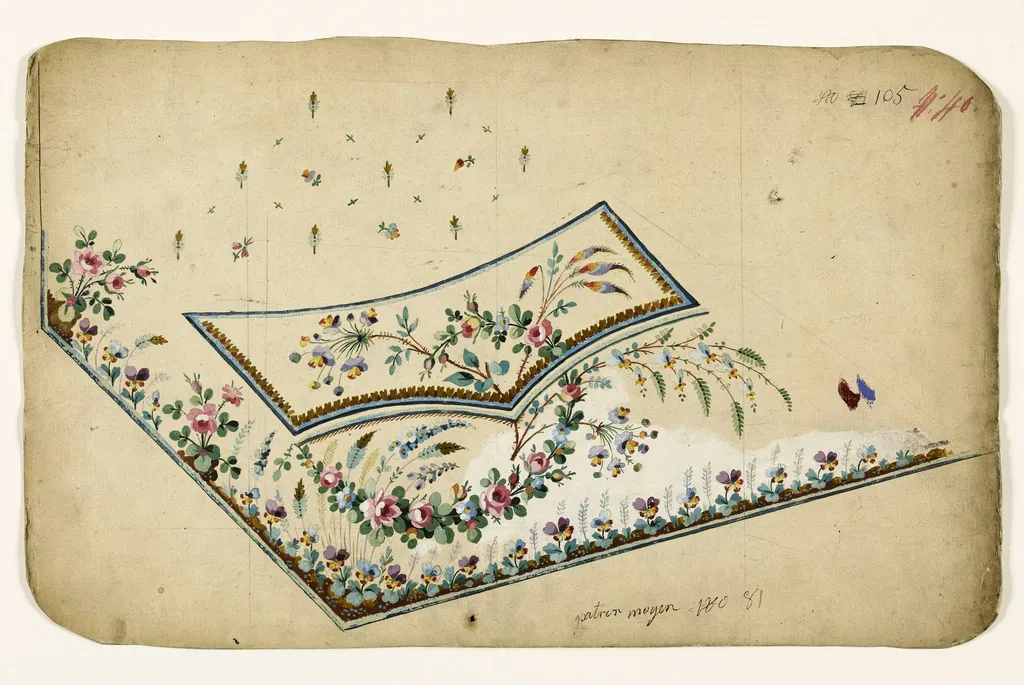 Composition avec guirlandes et branches de fleurs, bordures de fleurs et d'épis, projets de broderies de gilet, XVIIIème siècle, by Anonyme, 1750