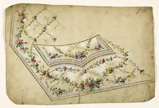 Composition avec guirlandes et croisillons de fleurs et frises d'oves mauves, projets de broderies de gilet, XVIIIème siècle, by Anonyme