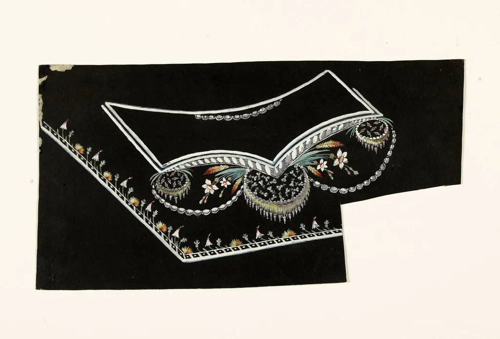 Composition avec motifs de fleurs stylisées et de passementerie sur fond noir, projets de broderies de gilet, XVIIIème siècle, by Anonyme, 1750