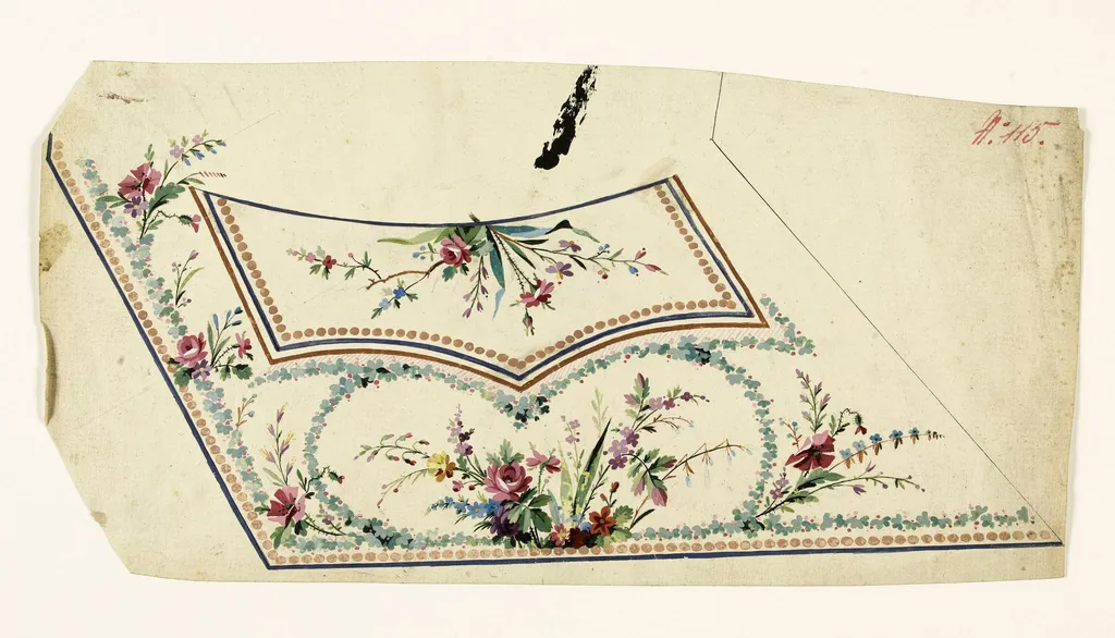 Composition avec récif de fleurs dans un cartouche de feuilles, frises de perles noisettes, projets de broderies de gilet, XVIIIème siècle, by Anonyme, 1750