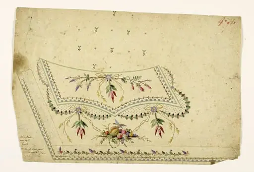 Composition avec trophée de fruits et volatile, guirlandes de fleurs stylisées à noeuds d'épis et de glycine, frises de denticules mauves, projets de broderies de gilet, XVIIIème siècle, by Anonyme