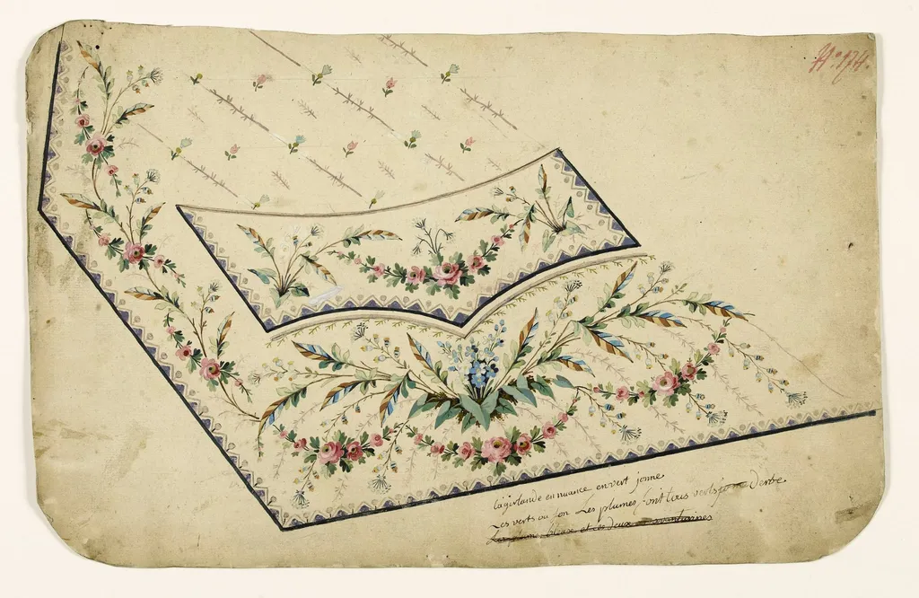 Composition de bouquets de bleuets et guirlandes de roses, frises de chevrons et de perles, projets de broderies de gilet, XVIIIème siècle, by Anonyme, 1750