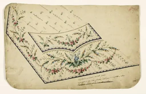 Composition de bouquets de bleuets et guirlandes de roses, frises de chevrons et de perles, projets de broderies de gilet, XVIIIème siècle, by Anonyme