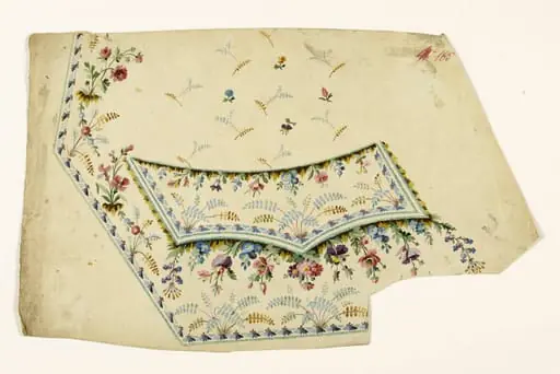 Composition de bouquets de feuilles en grappes et de fleurs multicolores, semis de fleurs et de feuilles, projets de broderies de gilet, XVIIIème siècle, by Anonyme