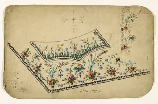 Composition de bouquets de fleurs et de grappes, guirlandes de fleurs et frises de perles pourpres, projets de broderies de gilet, XVIIIème siècle, by Anonyme