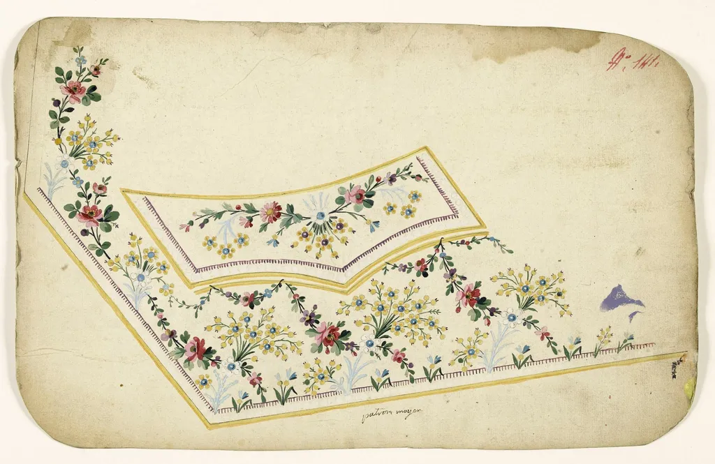 Composition de bouquets de fleurs jaunes, guirlandes de fleurs roses, frises de perles blanches et de franges pourpres et bandes jaunes, projets de broderies de gilet, XVIIIème siècle, by Anonyme, 1750