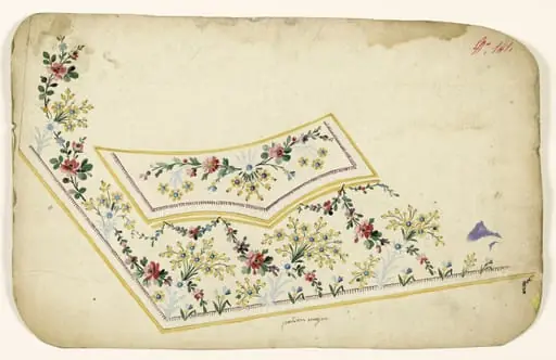 Composition de bouquets de fleurs jaunes, guirlandes de fleurs roses, frises de perles blanches et de franges pourpres et bandes jaunes, projets de broderies de gilet, XVIIIème siècle, by Anonyme