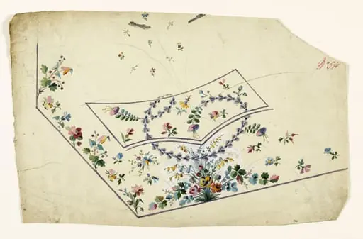 Composition de bouquets de fleurs multicolores et guirlandes de fleurs mauves, projets de broderies de gilet, XVIIIème siècle, by Anonyme