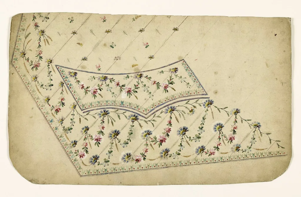 Composition de croisillons de fleurs et de feuilles, frises de feuilles et baies rouges, projets de broderies de gilet, XVIIIème siècle, by Anonyme, 1750