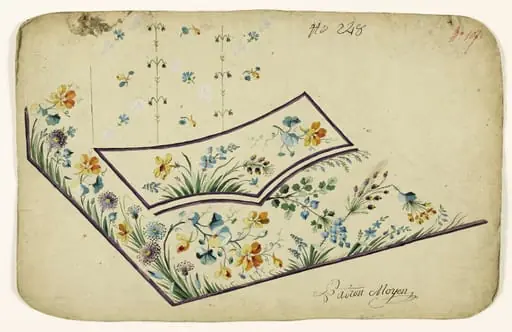 Composition de fleurs champêtres et bandes violettes, projets de broderies de gilet, XVIIIème siècle, by Anonyme