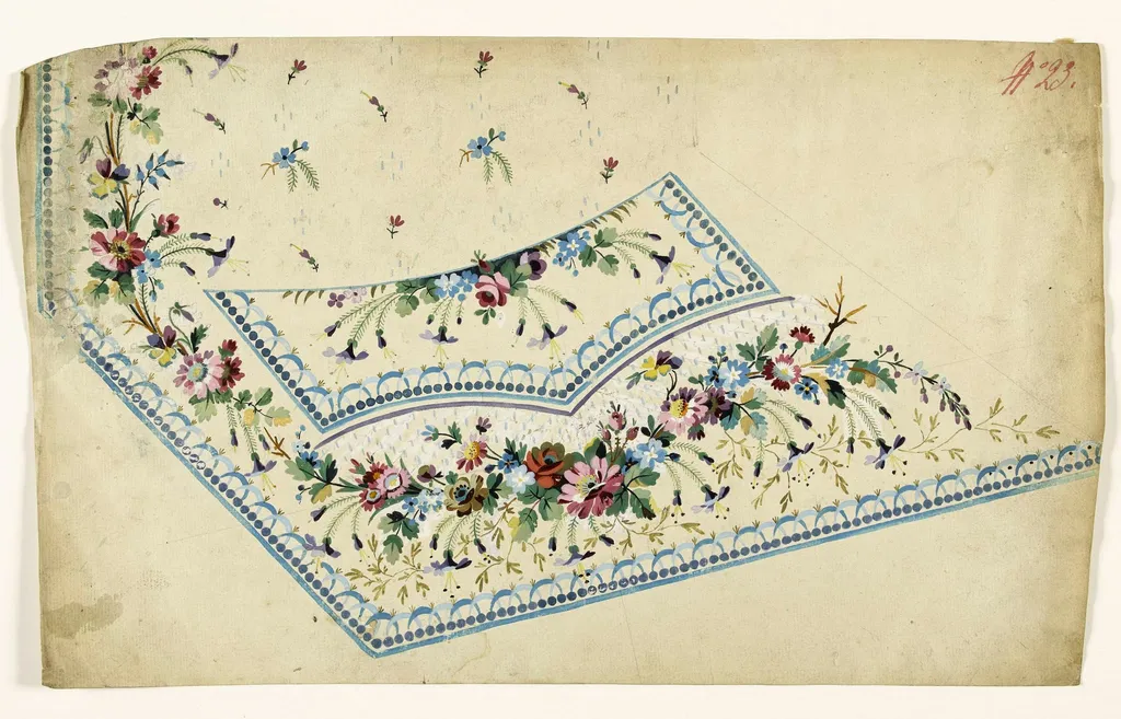 Composition de fleurs en guirlandes et en semis et frises de perles bleues, projets de broderies de gilet, XVIIIème siècle, by Anonyme, 1750