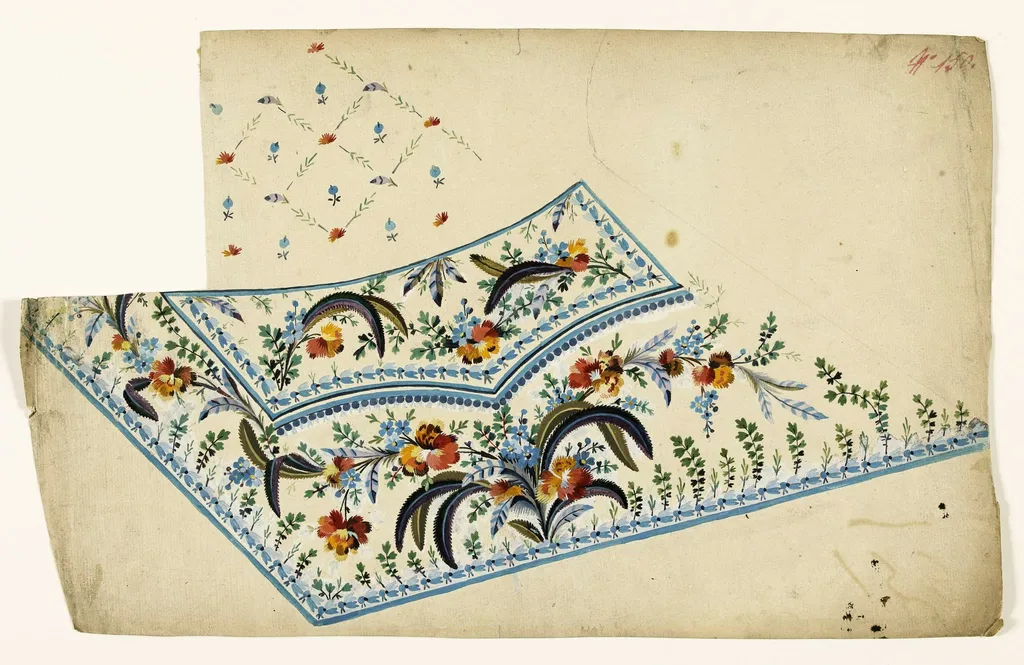 Composition de fleurs et de plumes en bouquets, frises de perles et de fleurs bleues, croisillons de plumes et de fleurs à semis de fleurs, projets de broderies de gilet, XVIIIème siècle, by Anonyme, 1750