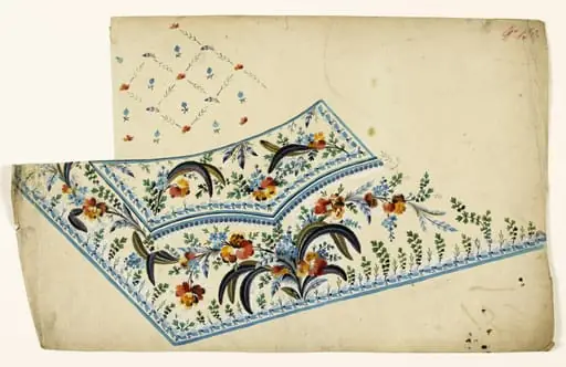 Composition de fleurs et de plumes en bouquets, frises de perles et de fleurs bleues, croisillons de plumes et de fleurs à semis de fleurs, projets de broderies de gilet, XVIIIème siècle, by Anonyme