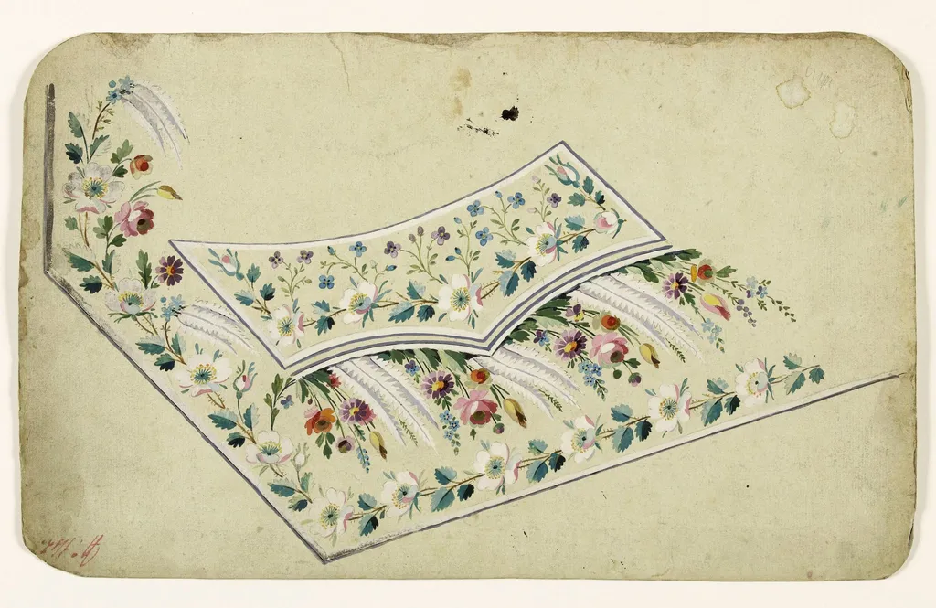 Composition de fleurs multicolores et de feuilles blanches et frises de fleurs de poirier, projets de broderies de gilet, XVIIIème siècle, by Anonyme, 1750