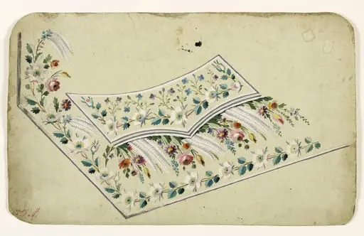 Composition de fleurs multicolores et de feuilles blanches et frises de fleurs de poirier, projets de broderies de gilet, XVIIIème siècle, by Anonyme
