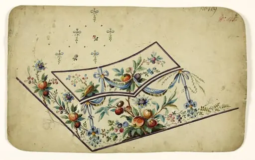 Composition de fruits sur branches et de baies avec guirlande de ruban à noeuds bleus, projets de broderies de gilet, XVIIIème siècle, by Anonyme, 1750