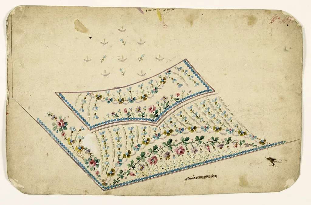 Composition de guirlandes de fleurs et de feuilles et frises de perles bleues, projets de broderies de gilet, XVIIIème siècle, by Anonyme, 1750