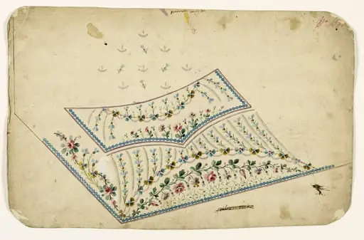Composition de guirlandes de fleurs et de feuilles et frises de perles bleues, projets de broderies de gilet, XVIIIème siècle, by Anonyme