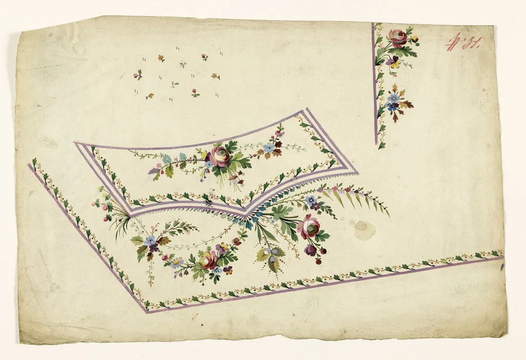 Composition de guirlandes de fleurs, frises de feuilles et de baies rouges, projets de broderies de gilet, XVIIIème siècle, by Anonyme, 1750