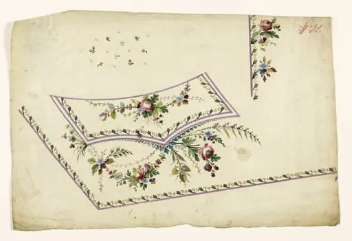 Composition de guirlandes de fleurs, frises de feuilles et de baies rouges, projets de broderies de gilet, XVIIIème siècle, by Anonyme