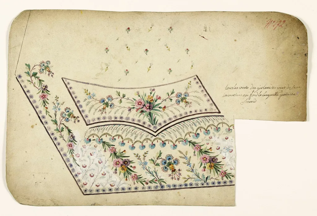 Composition de guirlandes de fleurs, frises de fleurs étoilées mauves et semis de fleurs, projets de broderies de gilet, XVIIIème siècle, by Anonyme, unspecified, 1750