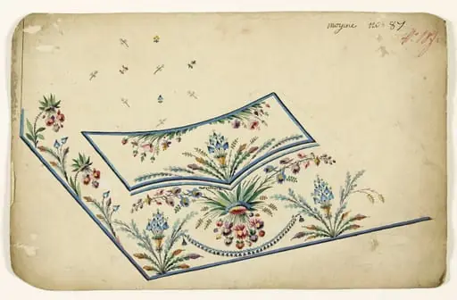 Composition en bouquets de branches fleuries et guirlande de passementerie bleue, projets de broderies de gilet, XVIIIème siècle, by Anonyme